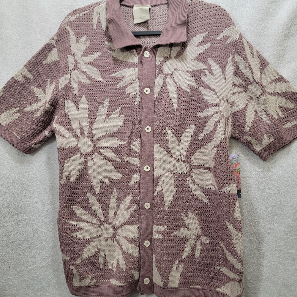 Massive Luxury Mens LG Floral Short Sleeve Knit Crochet Button Up Shirt Cardigan